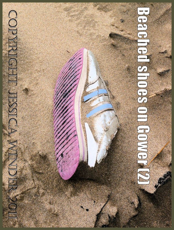 P1070729aBlog02 Ladies right white trainer shoe with blue stripes and pink sole as flotsam on a sandy beach (2)