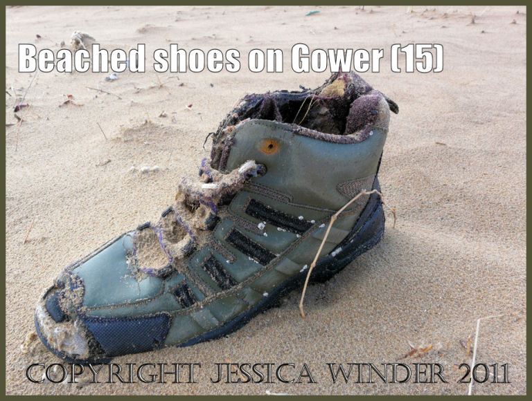 P1070927aBlog15 Blue left plastic walking boot with purple boot-laces - as flotsam on the sandy seashore (15)