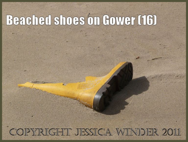 P1070929aBlog16 Right yellow rubber wellington boot with brown sole lying on dry sand after being washed shore as flotsam (16)