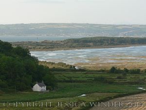 Saltmarsh Sheep at Whiteford (7) - View from Llanmadoc Hill of Landimore Marsh flooded at high spring tide with Whiteford National Nature Reserve beyond. June 2009.