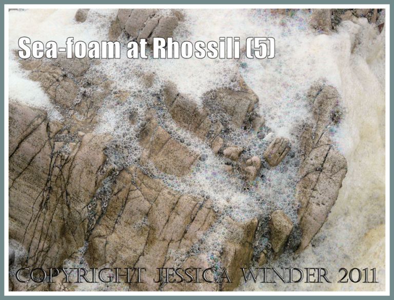 Rocks with seafoam picture: Sea-foam on limestone at Spaniard Rocks at Rhossili Bay, Gower, South Wales, UK (P1440074aBlog5)