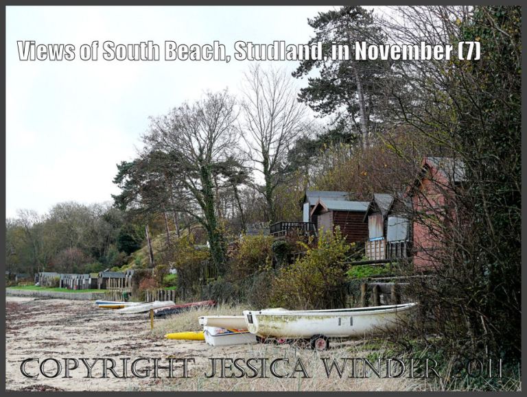 Seashore image: View of wooden beach huts among the trees and small boats on the sand at South Beach, Studland, Dorset, UK - part of the Jurassic Coast (7)