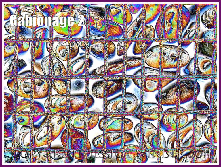 Gabionage2 - Pebbles in a metal cage (gabion) used for sea defence at Chesil Cove on the Isle of Portland, Dorset, UK - a digitally altered photograph (2) Gabionage2 - Pebbles in a metal cage (gabion) used for sea defence at Chesil Cove on the Isle of Portland, Dorset, UK - a digitally altered photograph (2)