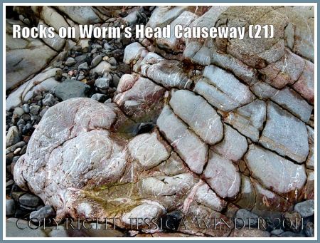 Cracks and crevices in water-worn rocks: Smooth, water-worn Carboniferous limestone rocks at low tide level on Worms Head Causeway, Rhossili, Gower, South Wales, UK, showing inter-secting cracks and fissures. (2)