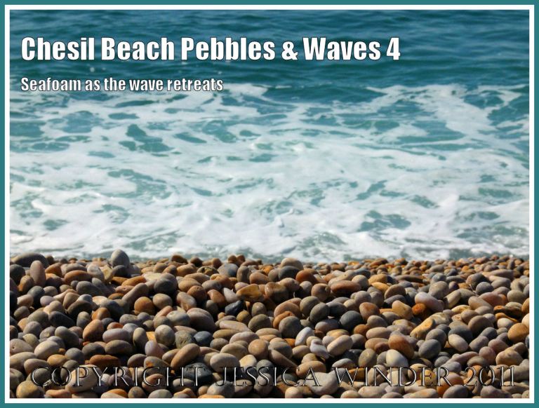 Pebbles on the beach and seafoam on the waves: Pebbles and seafoam at Chesil beach, Dorset, UK on the Jurassic Coast (4)
