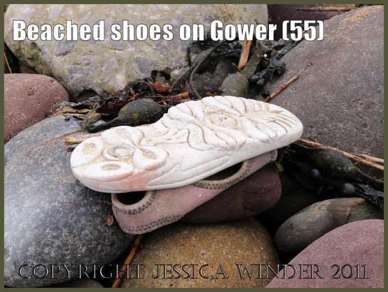 Flotsam shoe: Shoe found on the beach at Rhossili Bay, Gower, South Wales, UK (55)