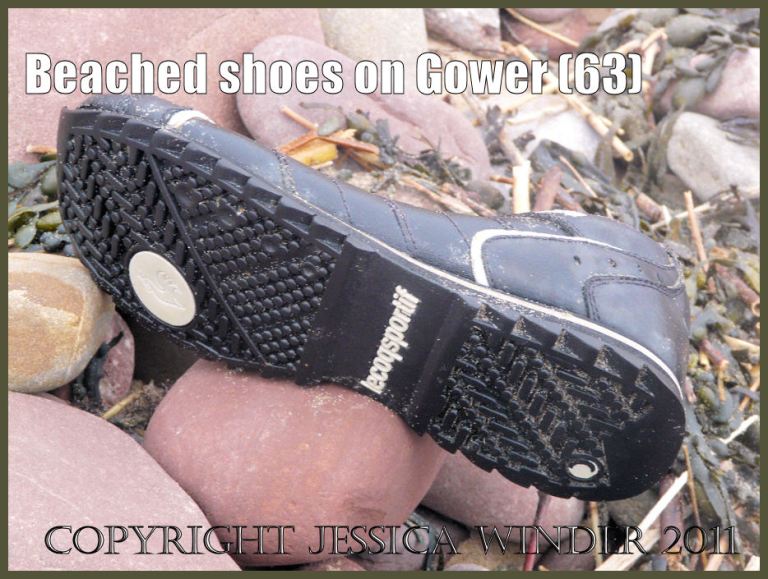 Flotsam shoe: Shoe found on the beach at Rhossili Bay, Gower, South Wales, UK (63)