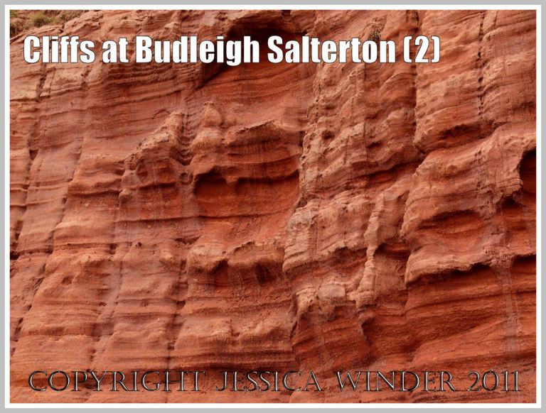Red rock strata: Red Triassic sandstone strata in the cliff at Budleigh Salterton, Devon, U.K. on the Jurassic Coast World Heritage Site (2)