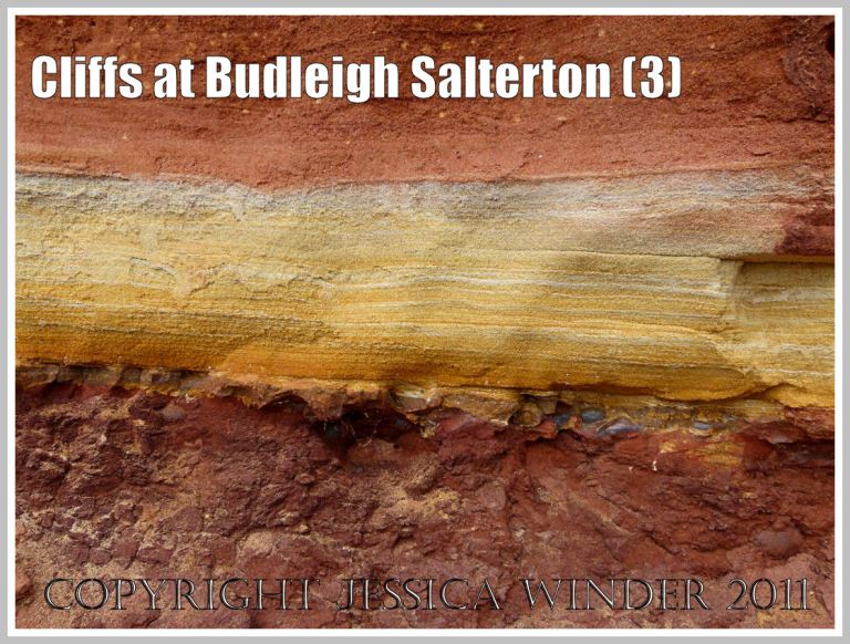 Cliff strata at Budleigh Salterton: Triassic sandstone strata in the cliff at Budleigh Salterton, Devon, U.K. on the Jurassic Coast World Heritage Site, showing a distinct yellow band separating the coarse red Otter Sandstone above and the Bunter Sandstone Pebble Beds below (3)