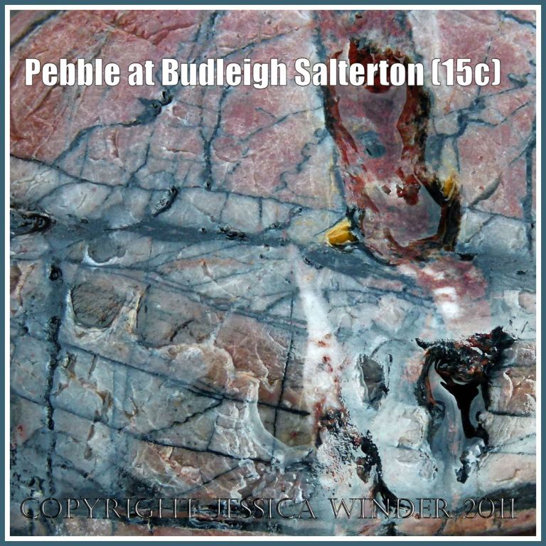Pebble on the beach at Budleigh Salterton, Devon, UK on the Jurassic Coast World Heritage Site (15c) Pebble pattern close-up: Pebble on the beach at Budleigh Salterton, Devon, UK on the Jurassic Coast World Heritage Site (15c)