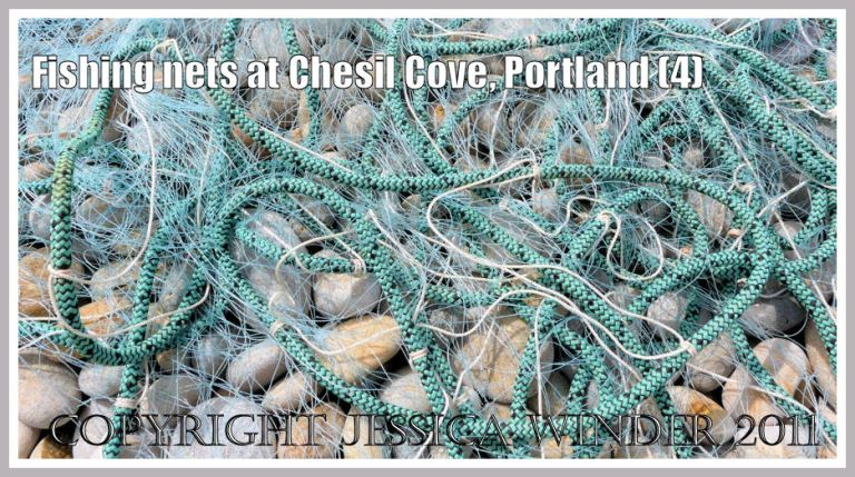 Green fishing ropes and blue nets on shingle: Fishing nets and ropes on the shingle at Chesil Cove, Portland, Dorset, UK - part of the Jurassic Coast (4)
