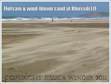 Sand blowing across Rhossili Beach: Dry sand being driven by strong winds low across the shore at Rhossili Bay, Gower, South Wales, UK October 2009 (7)