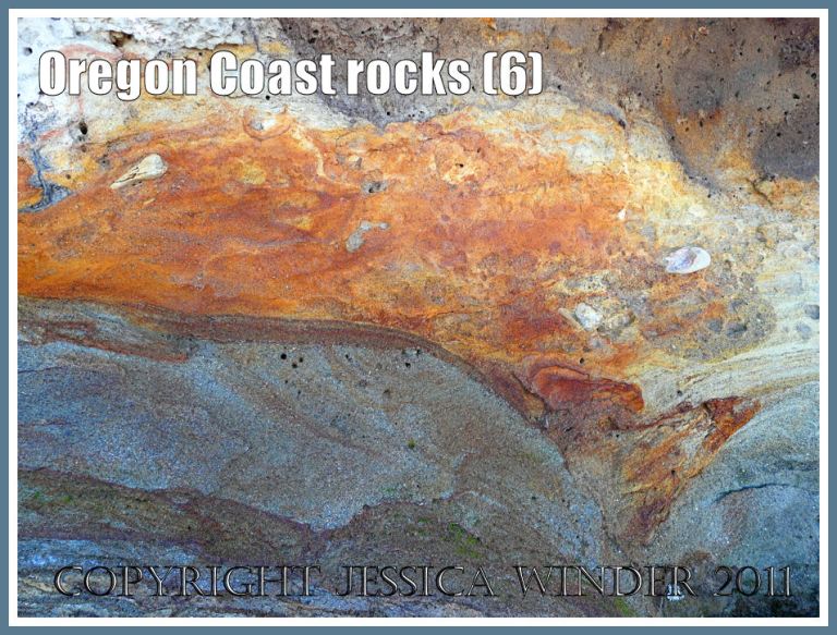 Abstract geological image of the natural colours and patterns in soft sedimentary rock at the head of the beach near Yachats on the Oregon Coast, U.S.A. (6)