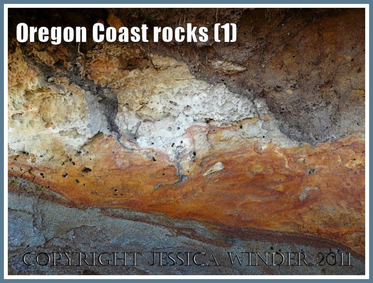 Rock pattern on the Oregon coast: Natural geological abstract image from the colours and sediments of soft rock on the beach near Yachats on the Oregon Coast, U.S.A. (1)