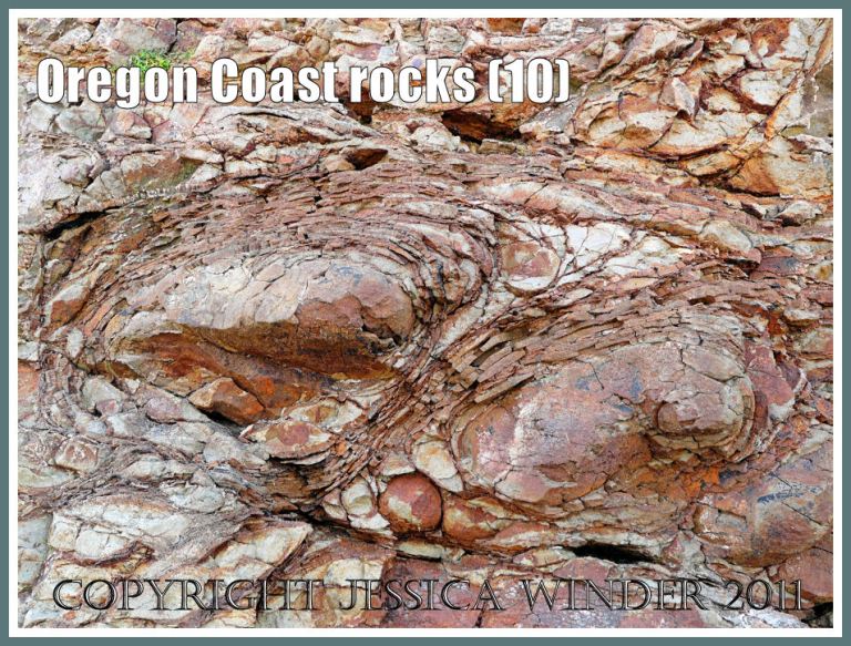 Rocks of the Oregon Coast: Rock pattern and texture caused by spheroidal weathering in cliffs at Smelt Sands State Park on the Oregon Coast in the U.S.A. as seen from Trail 804 (10)
