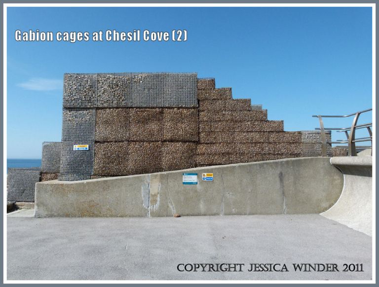 Gabions on the sea wall at Chesil Cove: Stacked gabion cages filled with pebbles on top of the sea wall - supplementing the sea defences at Chesil Cove, Isle of Portland, Dorset, U.K. on the Jurassic Coast (2)