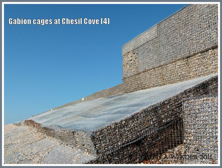 Gabion sea defence structure at Chesil Cove: Sea defence construction of gabion cages filled with pebbles supplementing the sea defences at Chesil Cove, Isle of Portland, Dorset, U.K. on the Jurassic Coast (4)