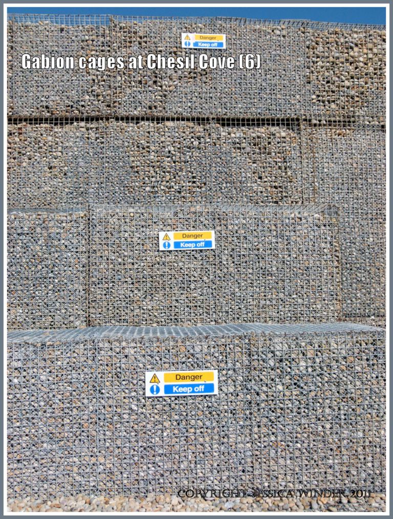 Wall of stacked gabions: Sea defence wall constructed with pebble-filled metal gabion cages on the seafront at Chesil Cove, Isle of Portland, Dorset, U.K. on the Jurassic Coast (6)