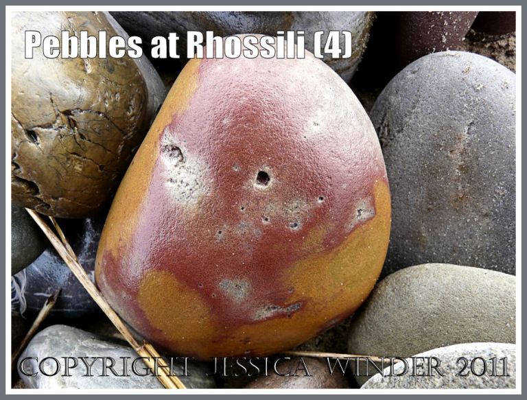 Red and yellow pebble: A smooth, red and yellow coloured pebble on Rhossili beach, Gower, West Glamorgan, UK (2)