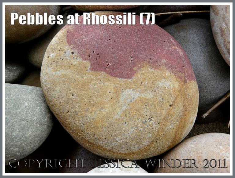 Pebble with red and yellow yin-yang design: A smooth rounded sandstone pebble, with a red and yellow design looking like the yin-yang symbol, from Rhossili, West Glamorgan, South Wales, UK (5)