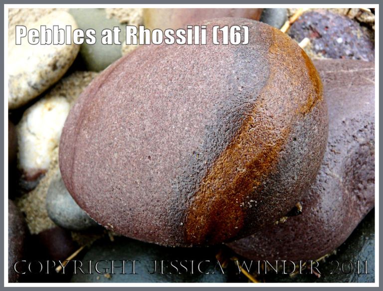 Red sandstone pebble with grey and rusty bands on Rhossili Beach, Gower, West Glamorgan, South Wales, UK (16)