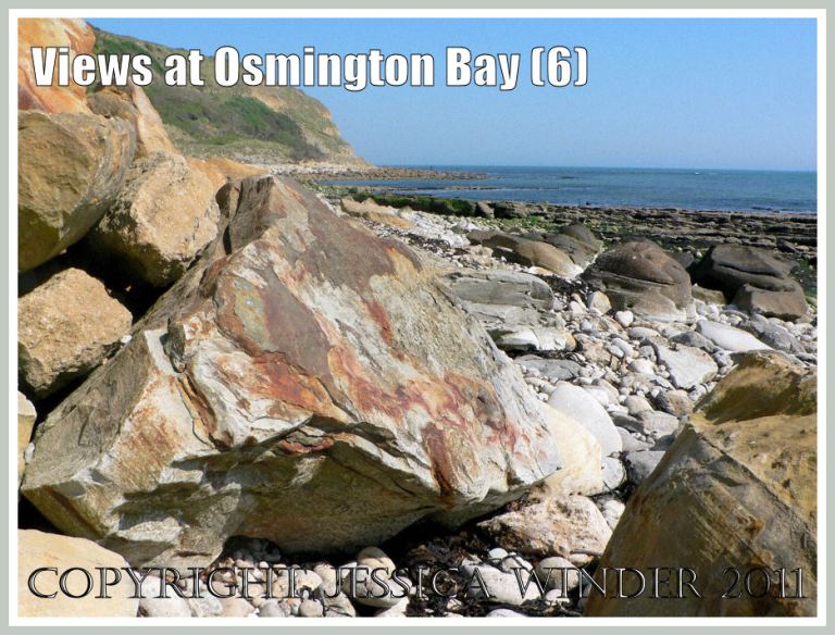 View of Osmington Bay, Dorset, UK, with iron-stained rocks, looking east towards Bran Point and Ringstead Bay - part of the Jurassic Coast (6)