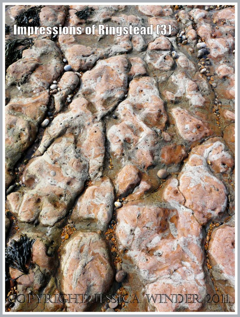 P1250202aBlog3 Red rock pavement revealed beneath the pebbles at the water's edge, Ringstead Bay, Dorset, UK, part of the Jurassic Coast, 2 March 2010 (3) Rock at Ringstead Bay: Red rock pavement revealed beneath the pebbles at the water's edge, Ringstead Bay, Dorset, UK, part of the Jurassic Coast, 2 March 2010 (3)