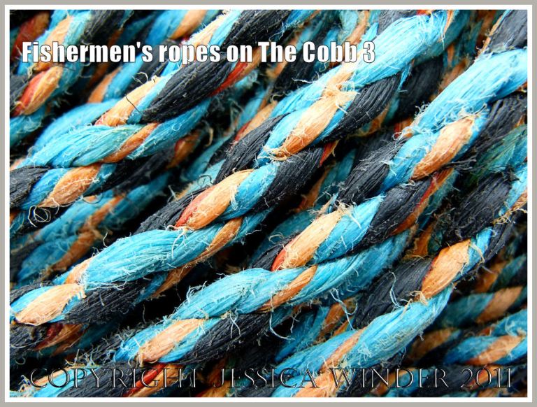 Rope colour, texture, and pattern: Old ropes from fishing boats on the quay of the Cobb at Lyme Regis, Dorset, UK (3)