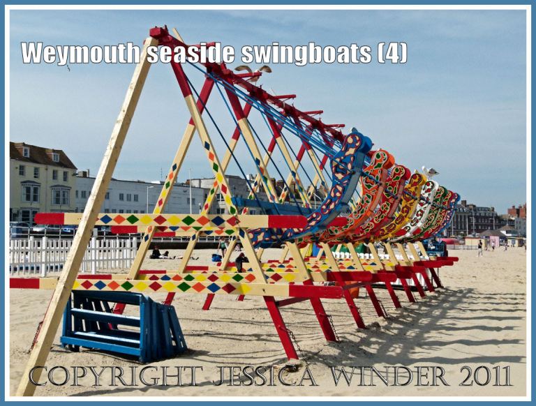 Brightly painted swingboats on the golden sands at Weymouth, Dorset, UK (4)