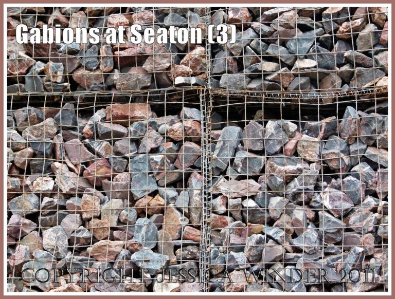 P1040590aBlog3 Detail of the rock-filled wire cages called gabions used for sea defence at Seaton, Devon, UK on the Jurassic Coast - close-up photograph (3) Rock-filled gabions: Detail of the rock-filled wire cages called gabions used for sea defence at Seaton, Devon, UK on the Jurassic Coast - close-up photograph (3)