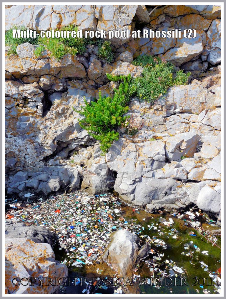 P1110496aBlog2 Rock pool at Spaniard Rocks, Rhossili Bay, Gower, South Wales, showing multi-coloured plastic flotsam on the water surface (2) Rock pool at Spaniard Rocks, Rhossili Bay, Gower, South Wales, showing multi-coloured plastic flotsam on the water surface (2)