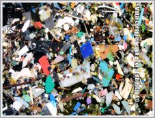 Thousands of small multi-coloured pieces of flotsam plastic floating in a rock pool at Spaniard Rocks, Rhossili Bay, Gower, South Wales, UK (1)