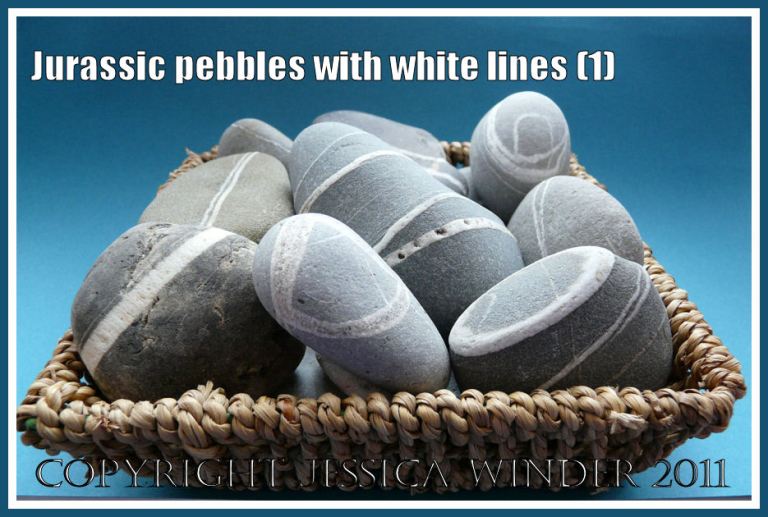 A basket of pebbles with patterns of white lines, from the Jurassic Coast, Dorset, UK (1)