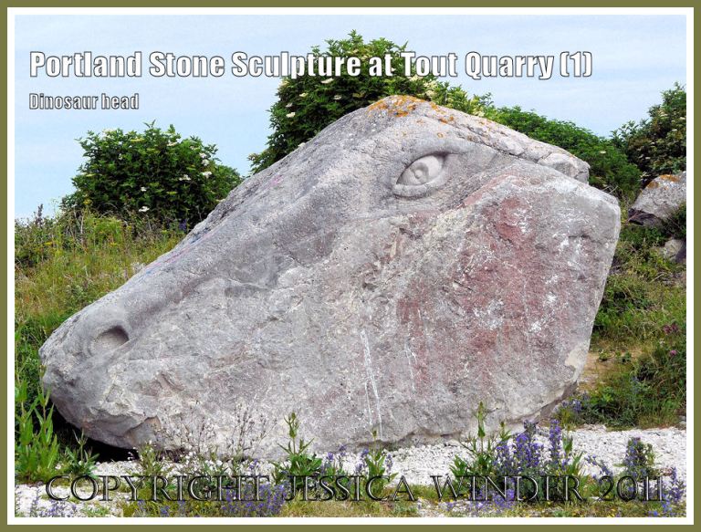 Dinosaur carving in Portland stone: Portland Stone sculpture at Tout Quarry, Isle of Portland, Dorset, UK, on the Jurassic Coast - dinosaur head (1)