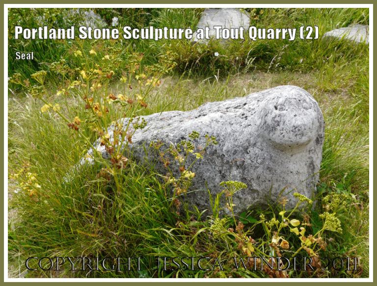 Portland stone seal: Portland Stone sculpture at Tout Quarry, Isle of Portland, Dorset, UK, on the Jurassic Coast - seal (2)