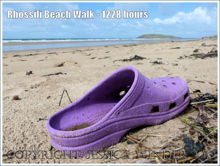 Rhossili Beach Walk - 1228 hours. Purple plastic beach shoe washed ashore at Rhossili Bay, Gower, South Wales, 22nd August 2012.