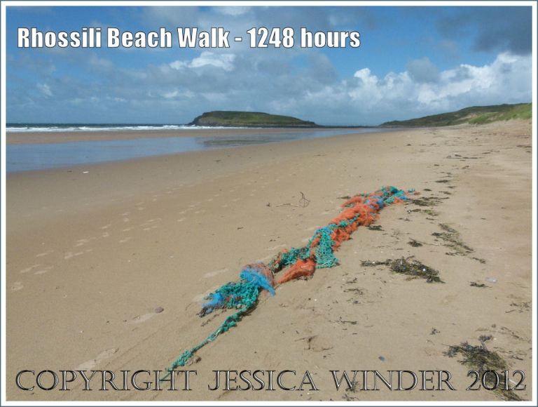 Rhossili Beach Walk - 1248 hours. Great length of multi-coloured fishing net washed ashore as flotsam on the sand of Rhossili Beach, Gower, South Wales, 22nd August 2012. ,