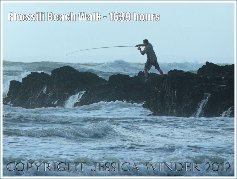 Rhossili Beach Walk - 1639 hours. Angler on the rocks at the moment the fish took the bait, Burry Holms, Rhossili Bay, Gower, South Wales, 22nd August 2012.