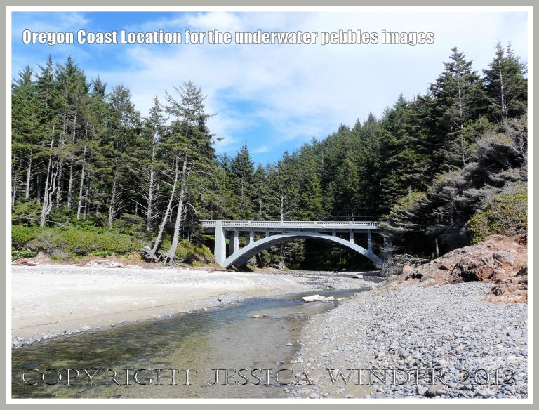 Underwater Pebbles (8) - The location where the pebbles were photographed in the river crossing the beach in Neptune State Park, south of Yachats, Oregon, U.S.A.  