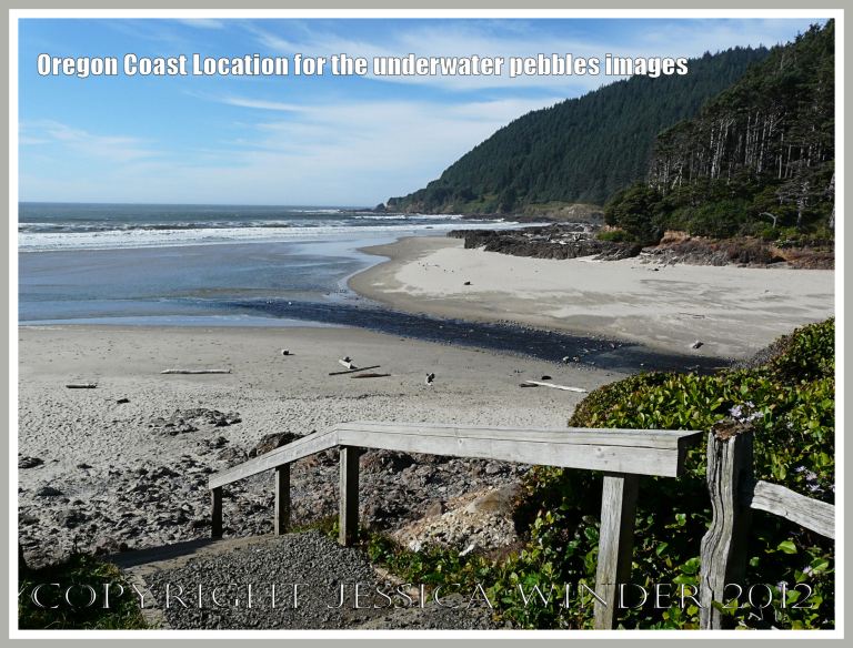 Underwater Pebbles (7) - The location where the pebbles were photographed in the river crossing the beach in Neptune State Park, south of Yachats, Oregon, U.S.A.  