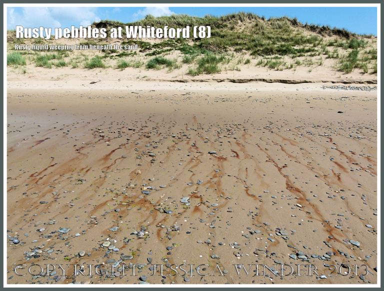 Rusty Pebbles at Whiteford (8) - Pebbles scattered on the surface of the sand with 'tears' of rusty water, possibly rising from a buried Holocene iron-pan layer below the sand, weeping across the beach.