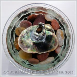 Arrangement of Seashells 4 - Common British Saddle Oyster shell showing iridescent nacreous inner layer - in a bowl of water on small coloured pebbles.