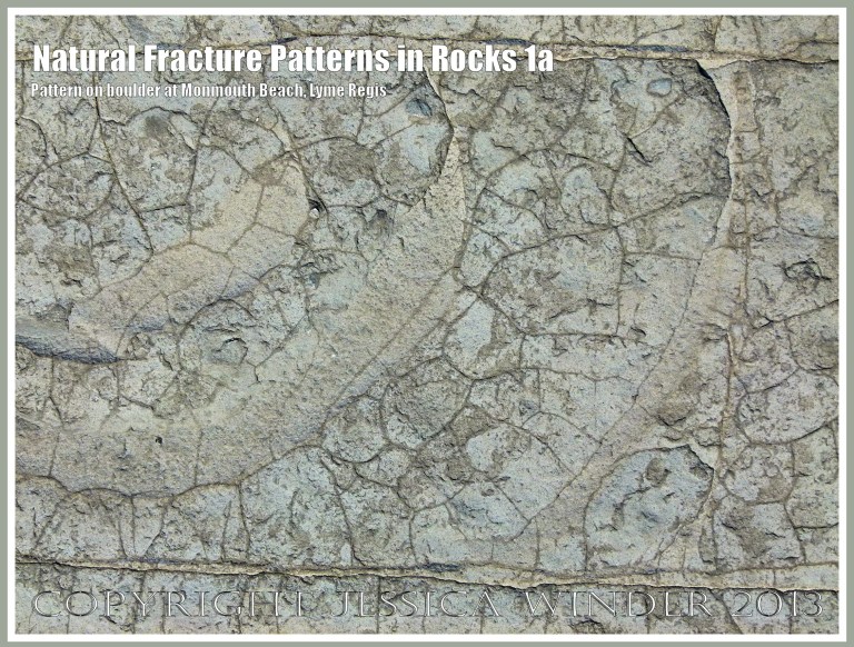 Natural Fracture Patterns in Rocks 1a - Close up photograph of natural patterns of cracks in a boulder on the shore at Monmouth Beach, Lyme Regis, Dorset, UK on the Jurassic Coast.