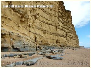 East Cliff at West Bay near Bridport (18) - View looking east towards Burton Bradstock, showing the natural, unoxidised, blue-grey colour of the fine-grained quartz arenite sandstone of the Bridport Sand Formation at the base of the East Cliff.