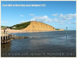 East Cliff at West Bay near Bridport (22) - View of East Cliff from the pier to the west. The sloping aspect to the top of the hill of which the cliff is the eroded edge, is due to the process of cambering.