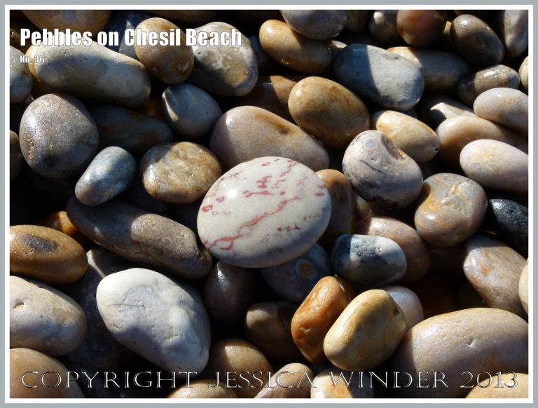Coloured and patterned pebbles on the beach