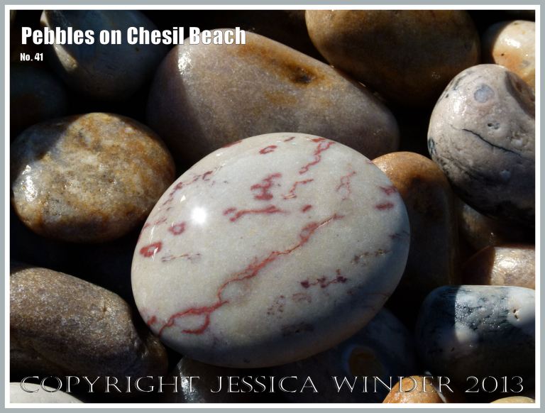 Pale grey pebble with red veins