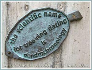 Leaf plaque with tree information from a bronze tree sculpture at Kew Gardens.