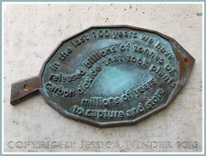 Leaf plaque with tree information from a bronze tree sculpture at Kew Gardens.