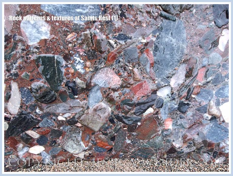 Natural patterns, colours and textures in rock at Saints Rest Beach, New Brunswick, Canada.